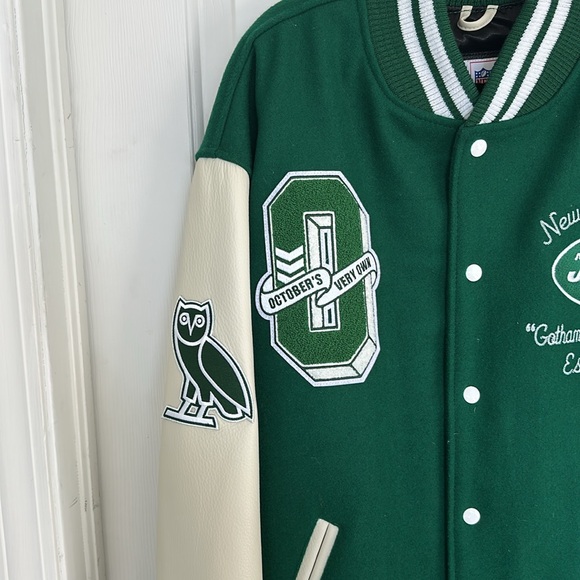 Drake OVO XL letterman’s NFL New York Jets Leather, Wool, and polyester Jacket - Picture 2 of 4